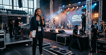 Organizer on stage at an event
